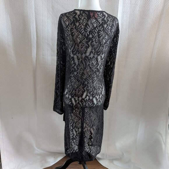 Simon Chang Lace Crochet Duster Faux Suede Fringe Black Size 10, M, Whimsigoth - Picture 4 of 13